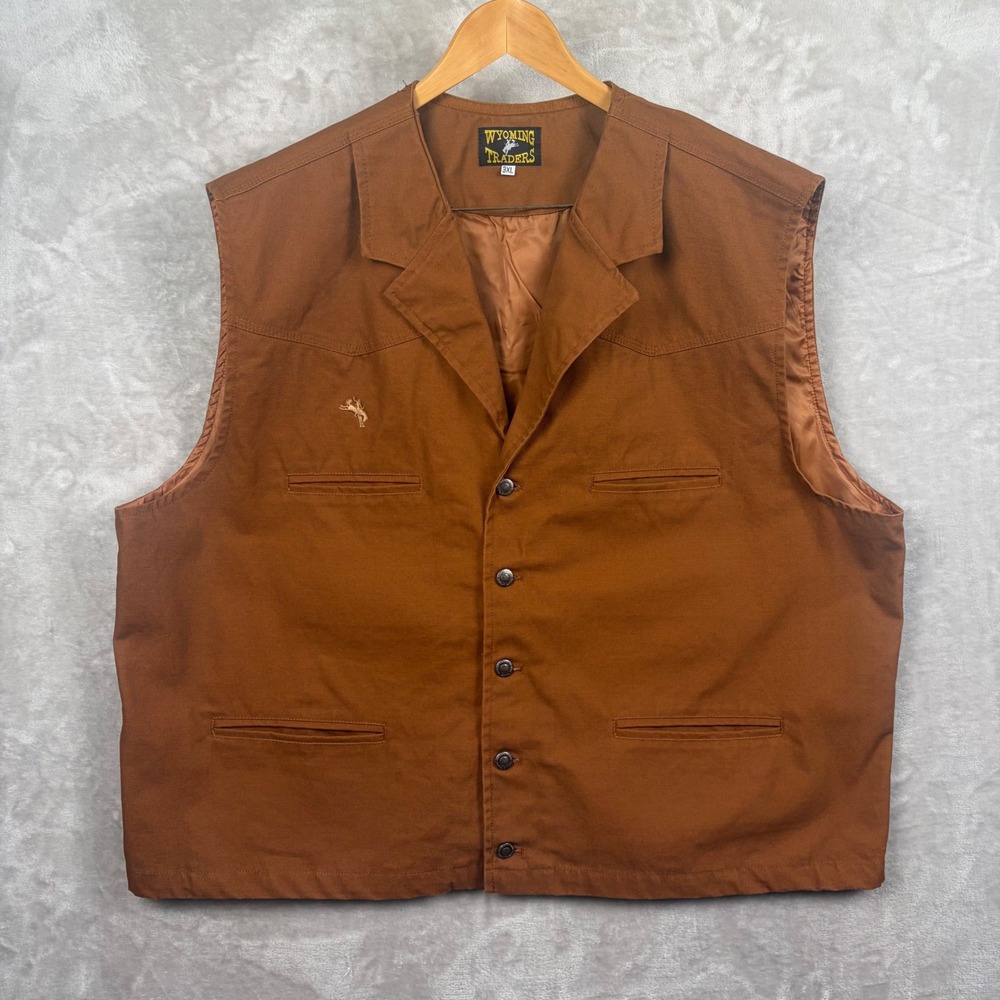 Wyoming Traders Vest Mens 3XL Brown Canvas Button Front Bronco Logo Western
